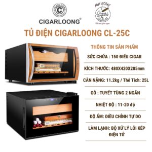 Tủ điện bảo quản xì gà kèm rượu vang Cigarloong CL-25C 25L, 150 điếu điều chỉnh nhiệt độ.