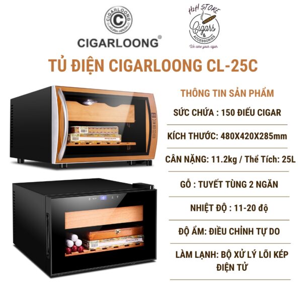 Tủ điện bảo quản xì gà kèm rượu vang Cigarloong CL-25C 25L, 150 điếu điều chỉnh nhiệt độ.