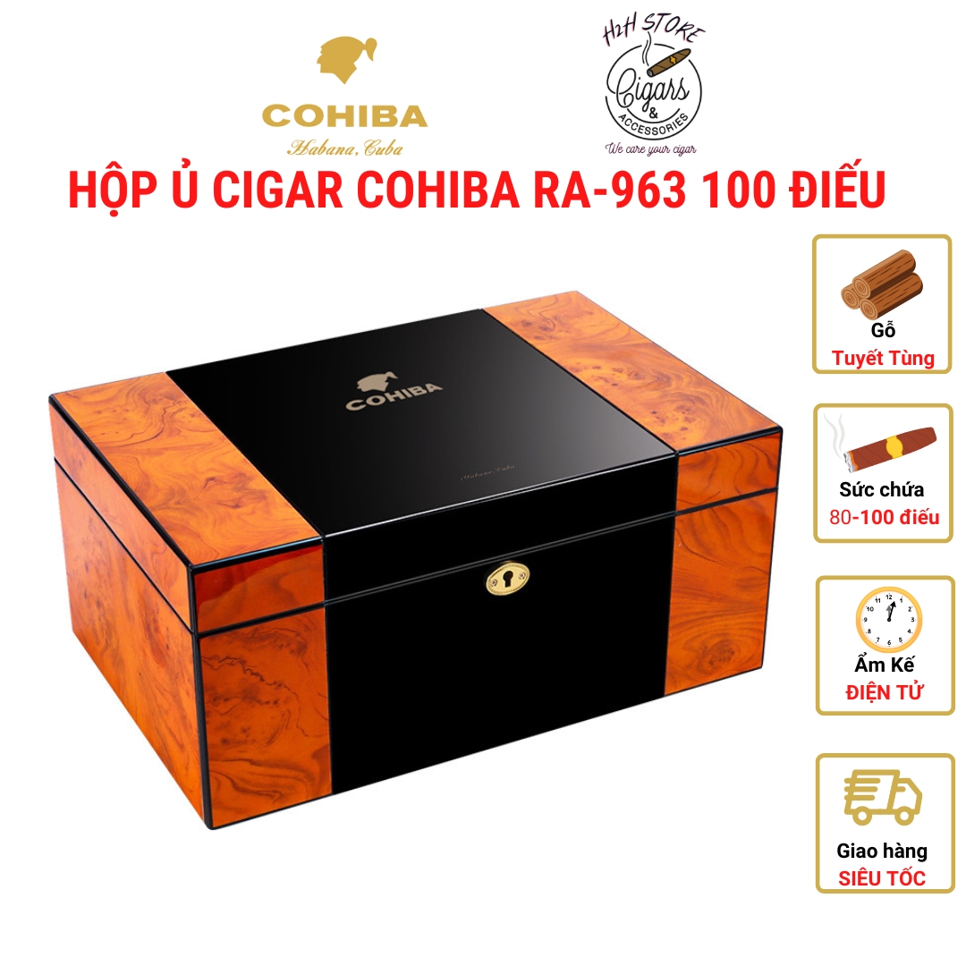Hộp ủ cigar COHIBA 80 điếu RA-963, gỗ tuyết tùngkèm ẩm kế sang trọng