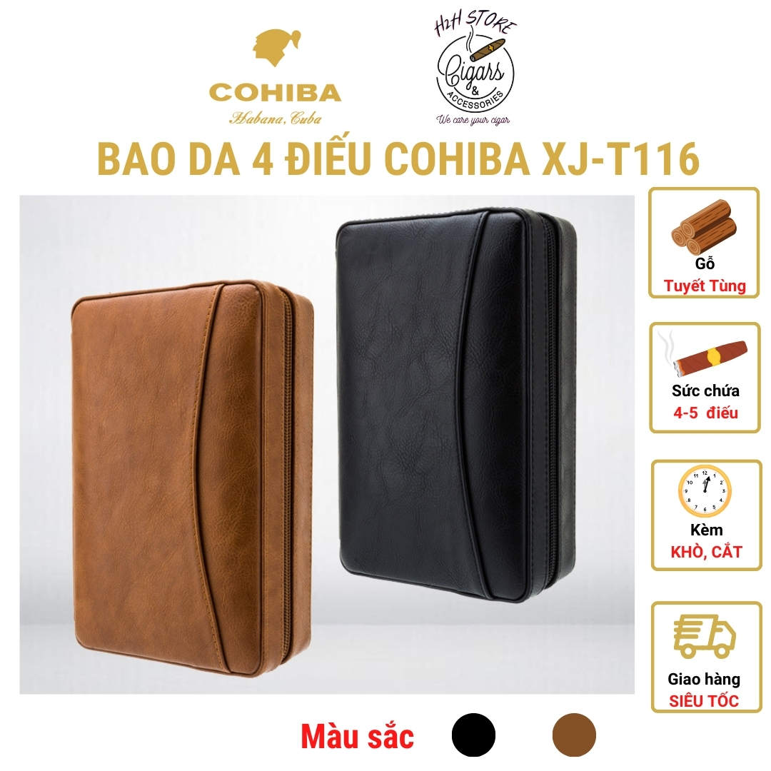 Bao da Cigar COHIBA 4 điếu kèm cắt inox sang trọng XJ-T116