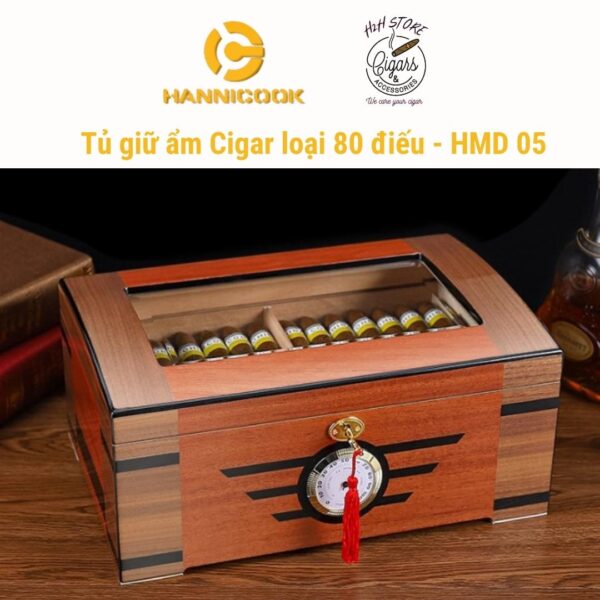 Hộp ủ cigar Hanicook 80 điếu, gỗ tuyết kèm ẩm kế điện tử HMD 05
