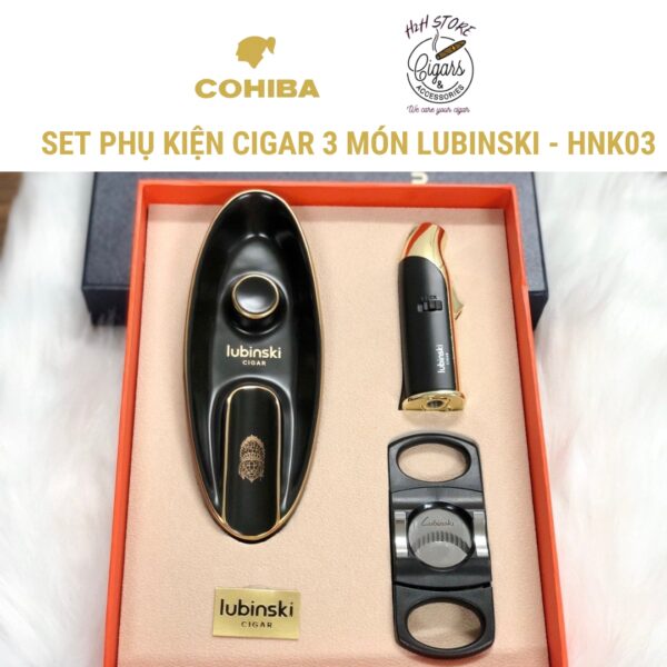 Set khò cắt gạt tàn cigar LUBINSKI - Khò, kèm đục - Cắt Inox - Gạt tàn thép - màu đen sang trọng - H2H Store