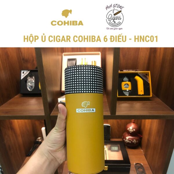 Hộp ủ Cigar, ống đựng xì gà 6 điếu COHIBA, bên ngoài da bên trong gỗ tuyết tùng - H2H Store