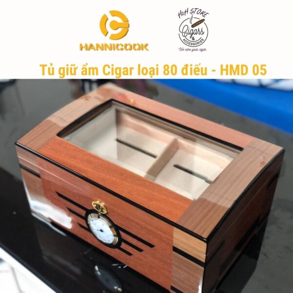 Hộp ủ cigar Hanicook 80 điếu, gỗ tuyết kèm ẩm kế điện tử HMD 05