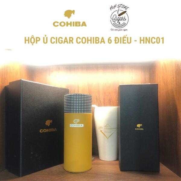 Hộp ủ Cigar, ống đựng xì gà 6 điếu COHIBA, bên ngoài da bên trong gỗ tuyết tùng - H2H Store