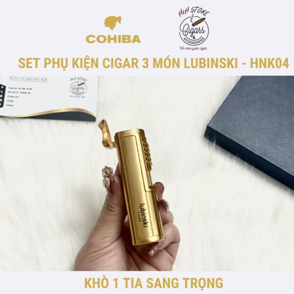 Set khò cắt gạt tàn cigar LUBINSKI - Khò, kèm đục - Cắt Inox - Gạt tàn thép - HNK 04 - màu vàng sang trọng - H2H Store