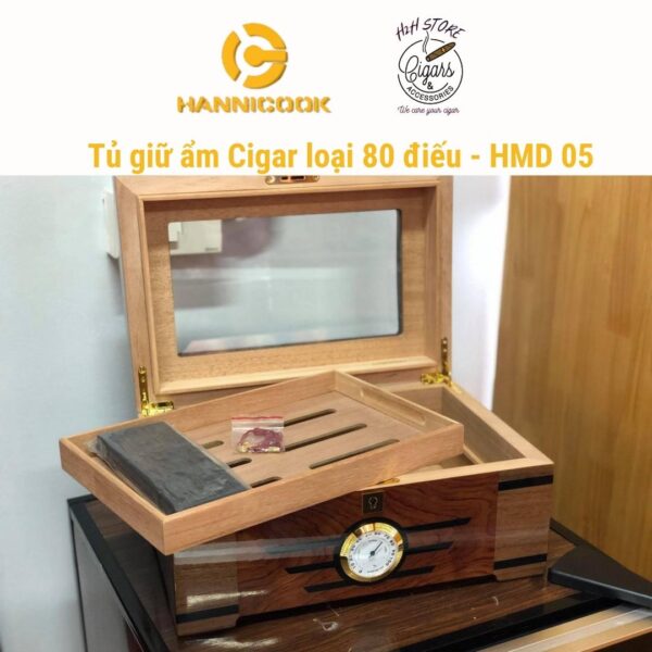 Hộp ủ cigar Hanicook 80 điếu, gỗ tuyết kèm ẩm kế điện tử HMD 05