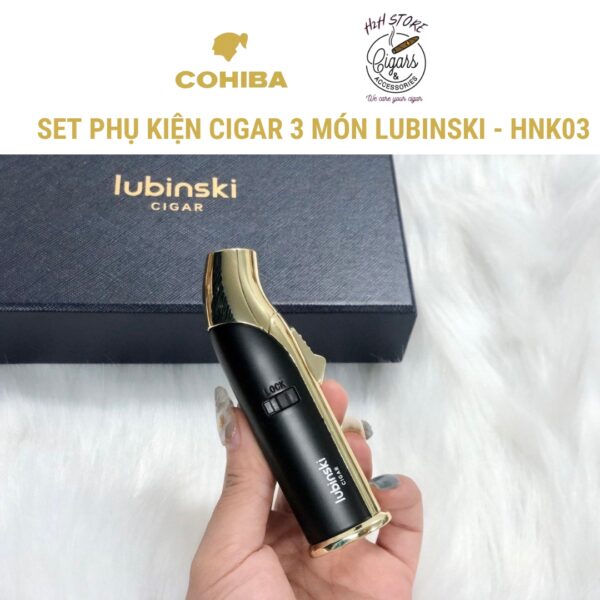 Set khò cắt gạt tàn cigar LUBINSKI - Khò, kèm đục - Cắt Inox - Gạt tàn thép - màu đen sang trọng - H2H Store