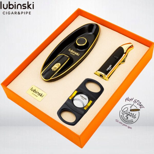 Set khò cắt gạt tàn cigar LUBINSKI - Khò, kèm đục - Cắt Inox - Gạt tàn thép - màu đen sang trọng - H2H Store