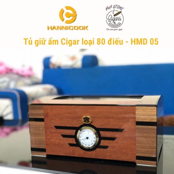 Hộp ủ cigar Hanicook 80 điếu, gỗ tuyết kèm ẩm kế điện tử HMD 05