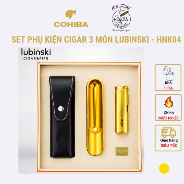 Set khò cắt gạt tàn cigar LUBINSKI - Khò, kèm đục - Cắt Inox - Gạt tàn thép - HNK 04 - màu vàng sang trọng - H2H Store
