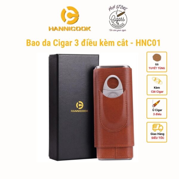 Bao da cigar 3 điếu, hộp đựng xì gà kèm cắt thép Hannicook- H2H Store